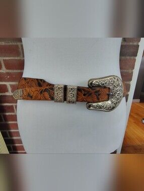 Vintage Leegin Tooled Leather Western Ranger Belt 32 Floral 3pc Silvertone Set